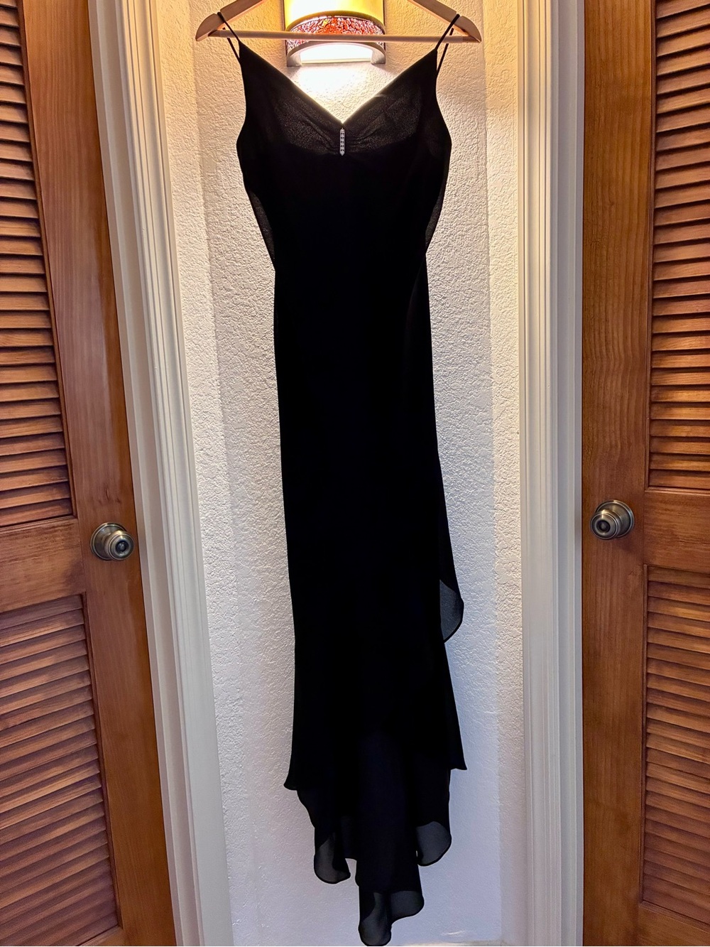 Black High-Low Slip Dress with V-Neck and Spaghetti Straps